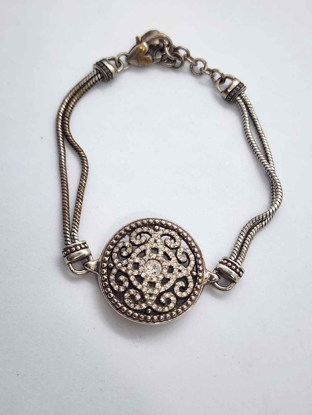 Retired Brighton Illumina Crystal Medallion Silver Plated Double Chain Bracelet